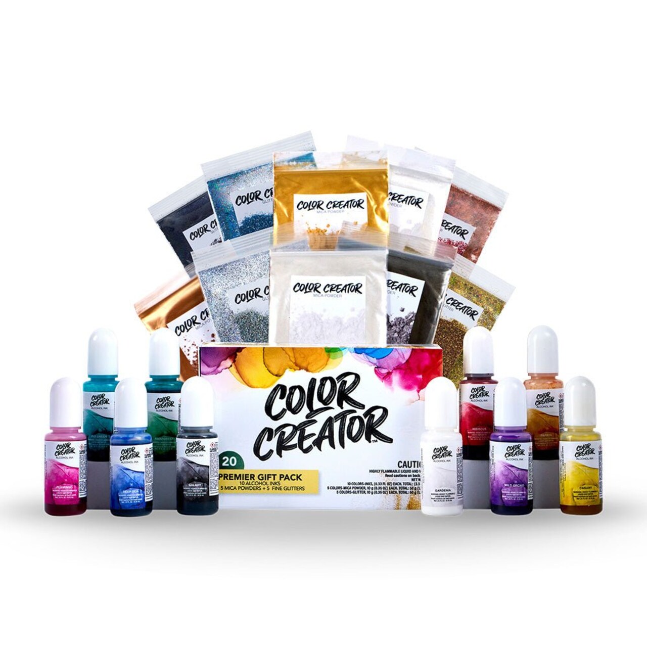 Color Creator Premier Gift Pack 20 Piece Set - (Ten 0.33floz Alcohol Inks, Five 10g Mica Powders, Five 10g Fine Glitters)